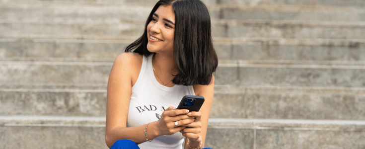 woman, phone, steps, paycheck advance apps