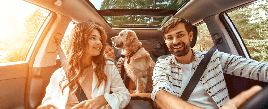 couple driving a car with daughter an dog in the back seat